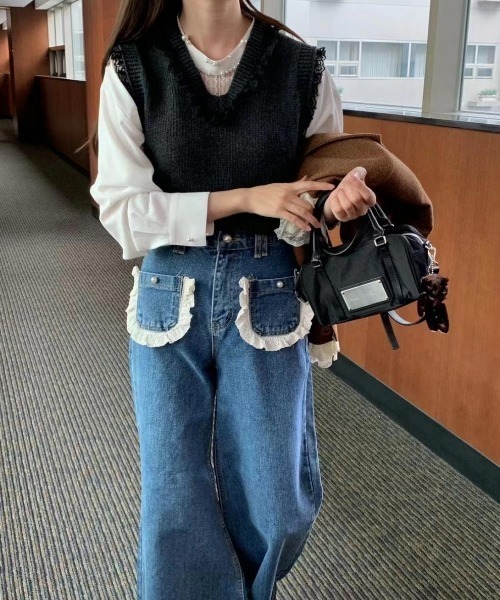 セール】フリルポケット ワイドデニム（デニムパンツ）｜dream