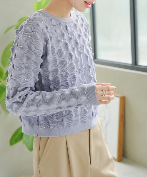 KOBE LETTUCE(コウベレタス)の「スタッズ付きポコポコニットトップス(ニット/セーター・レディース・オフホワイト/ピンク/ライトグリーン/パープル系・M)」の16枚目の写真