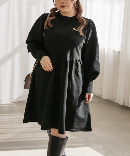 CLETTE（クレット）の「ブローチ付きニットミニワンピース（ワンピース・レディース・ブラック/チャコールグレー/ピンク/ブルー・LL/4L/3L）」の12枚目の写真