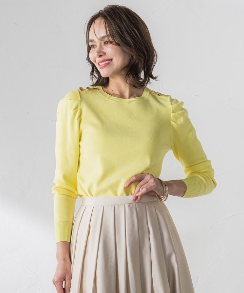 ショルダーボタンパフスリーブニット≪手洗い可能≫