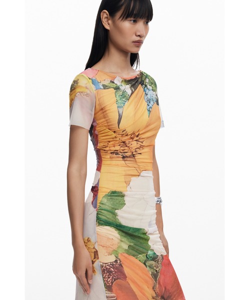 セール】ウォーターカラー 花柄ミディ丈チュールワンピース