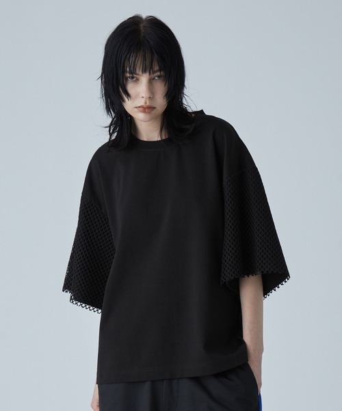 VELNUS】Mesh docking loose punch short sleeve T-shirt/メッシュ