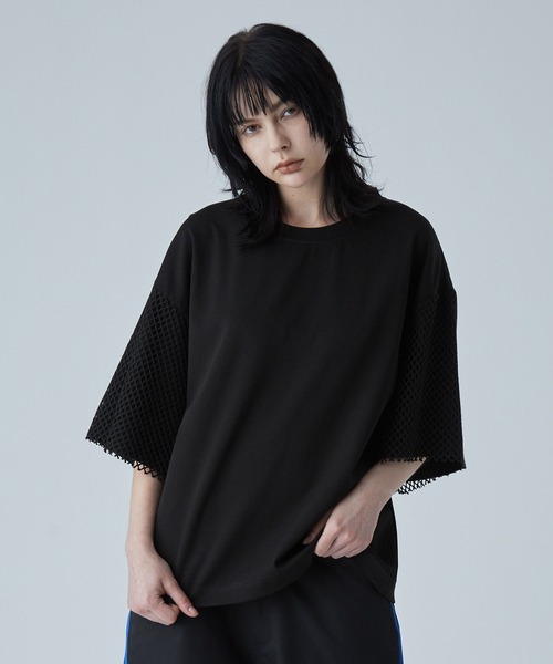 VELNUS】Mesh docking loose punch short sleeve T-shirt/メッシュ