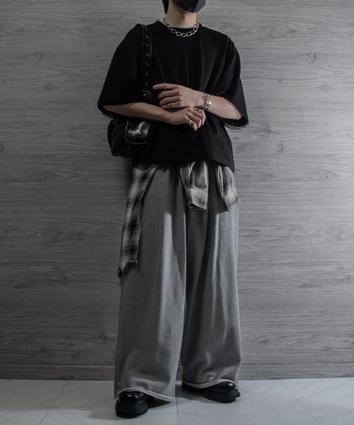 VELNUS】Mesh docking loose punch short sleeve T-shirt/メッシュ