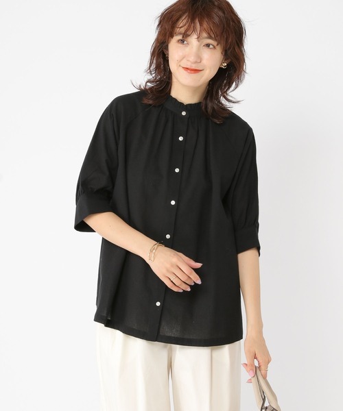 セール】シングルガーゼ襟フリル5分袖ブラウス（シャツ/ブラウス