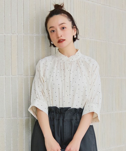 セール】シングルガーゼ襟フリル5分袖ブラウス（シャツ/ブラウス