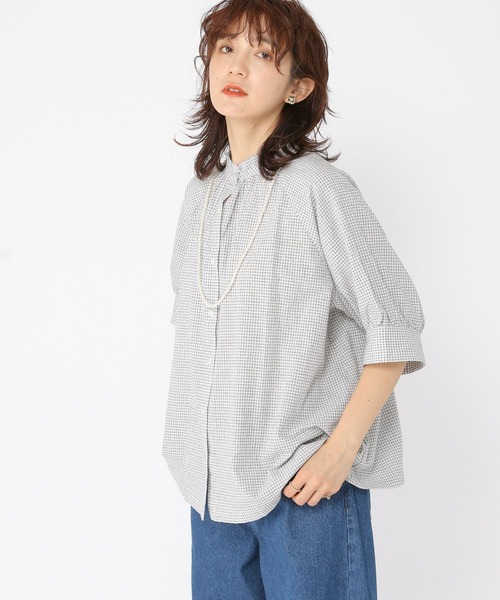 セール】シングルガーゼ襟フリル5分袖ブラウス（シャツ/ブラウス