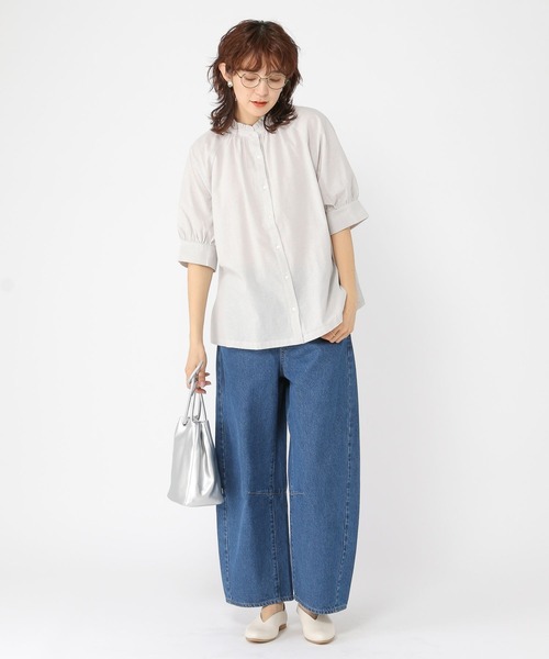 セール】シングルガーゼ襟フリル5分袖ブラウス（シャツ/ブラウス