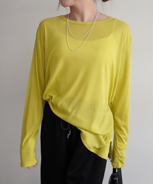 Rashik（ラシク）の「サイドスリットシアートップス（Tシャツ/カットソー・レディース・ホワイト/ピンク/ミント/オリーブ/ブラック/ライトイエロー/ブルー/グレー・FREE）」の4枚目の写真