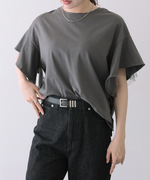 Lace Ladies(レースレディース)の「フリルショルダー チュール ドッキング オーバーサイズ 半袖 Tシャツ(Tシャツ/カットソー・レディース・ブラック/グレー/ホワイト・FREE)」の3枚目の写真