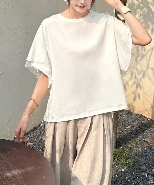 Lace Ladies(レースレディース)の「フリルショルダー チュール ドッキング オーバーサイズ 半袖 Tシャツ(Tシャツ/カットソー・レディース・ブラック/グレー/ホワイト・FREE)」の2枚目の写真