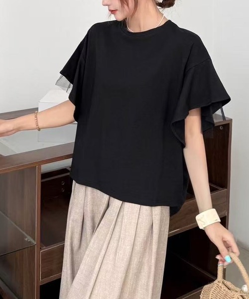 Lace Ladies(レースレディース)の「フリルショルダー チュール ドッキング オーバーサイズ 半袖 Tシャツ(Tシャツ/カットソー・レディース・ブラック/グレー/ホワイト・FREE)」の1枚目の写真