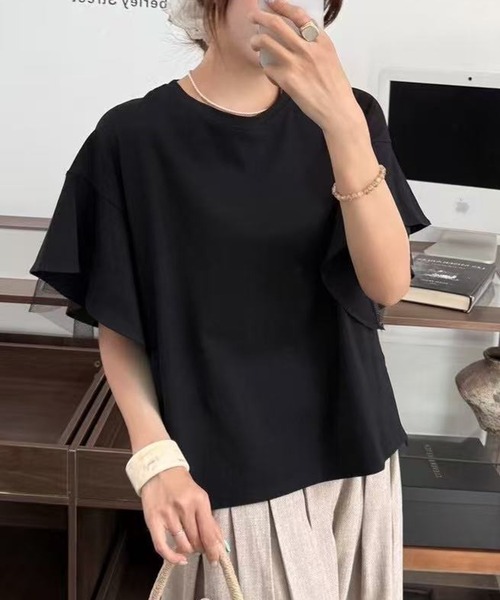 Lace Ladies(レースレディース)の「フリルショルダー チュール ドッキング オーバーサイズ 半袖 Tシャツ(Tシャツ/カットソー・レディース・ブラック/グレー/ホワイト・FREE)」の6枚目の写真