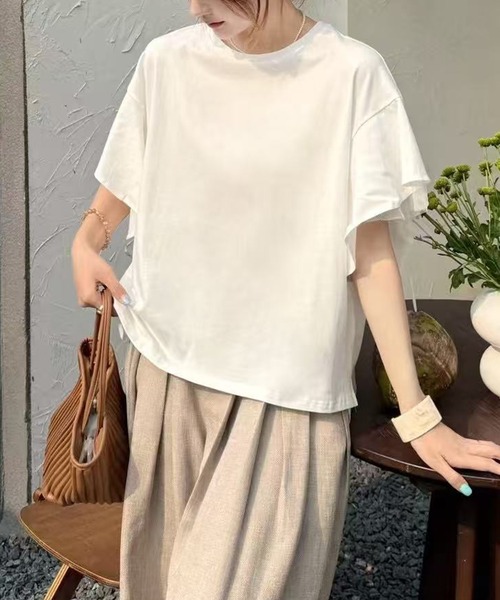 Lace Ladies(レースレディース)の「フリルショルダー チュール ドッキング オーバーサイズ 半袖 Tシャツ(Tシャツ/カットソー・レディース・ブラック/グレー/ホワイト・FREE)」の4枚目の写真