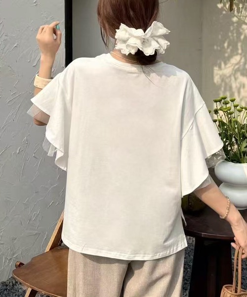 Lace Ladies(レースレディース)の「フリルショルダー チュール ドッキング オーバーサイズ 半袖 Tシャツ(Tシャツ/カットソー・レディース・ブラック/グレー/ホワイト・FREE)」の5枚目の写真