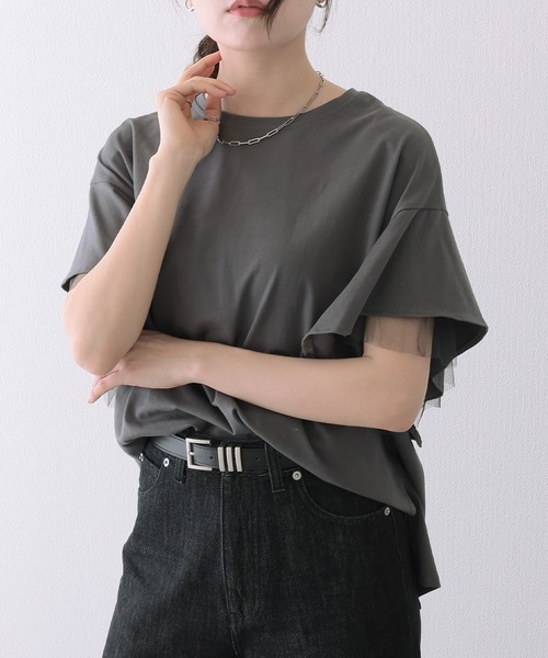 Lace Ladies(レースレディース)の「フリルショルダー チュール ドッキング オーバーサイズ 半袖 Tシャツ(Tシャツ/カットソー・レディース・ブラック/グレー/ホワイト・FREE)」の10枚目の写真