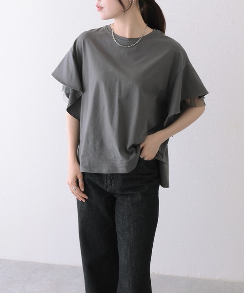 Lace Ladies(レースレディース)の「フリルショルダー チュール ドッキング オーバーサイズ 半袖 Tシャツ(Tシャツ/カットソー・レディース・ブラック/グレー/ホワイト・FREE)」の12枚目の写真