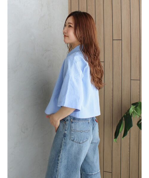 Ungrid（アングリッド）の「サッカーストライプハーフスリーブショートシャツ（シャツ/ブラウス・レディース・ブルー/オフホワイト/イエロー・FREE）」の5枚目の写真