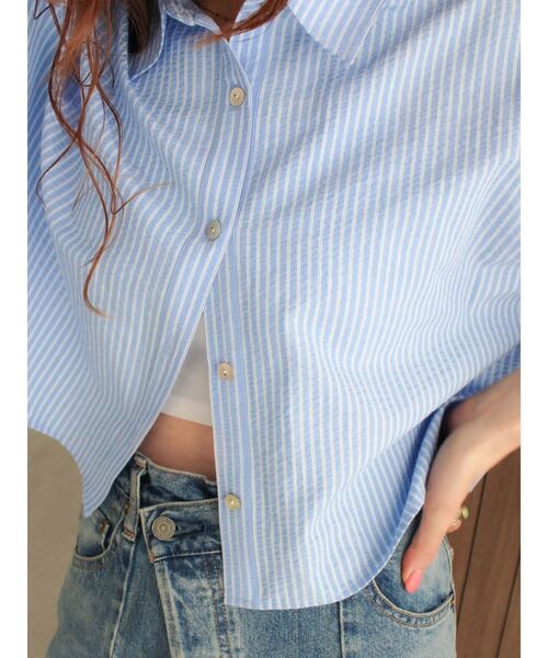 Ungrid（アングリッド）の「サッカーストライプハーフスリーブショートシャツ（シャツ/ブラウス・レディース・ブルー/オフホワイト/イエロー・FREE）」の6枚目の写真