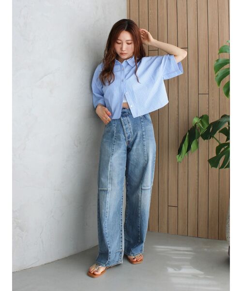 Ungrid（アングリッド）の「サッカーストライプハーフスリーブショートシャツ（シャツ/ブラウス・レディース・ブルー/オフホワイト/イエロー・FREE）」の7枚目の写真