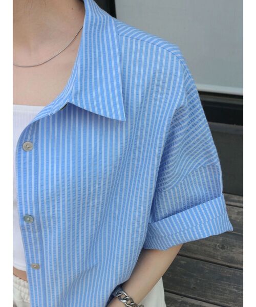 Ungrid（アングリッド）の「サッカーストライプハーフスリーブショートシャツ（シャツ/ブラウス・レディース・ブルー/オフホワイト/イエロー・FREE）」の15枚目の写真