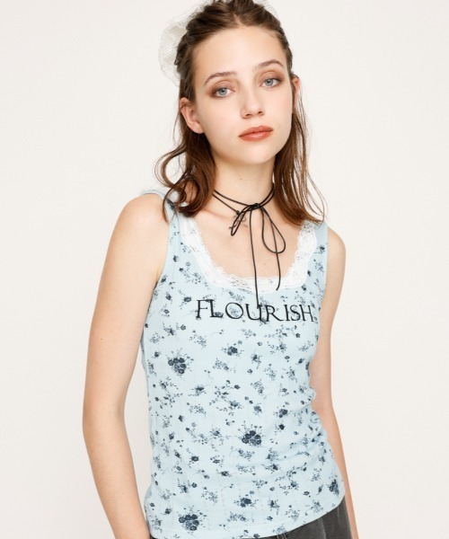 SLY（スライ）の「FLOWER PRINT T/T フラワープリント タンクトップ 夏服（タンクトップ・レディース・ライトブルー/ホワイト・FREE）」の2枚目の写真