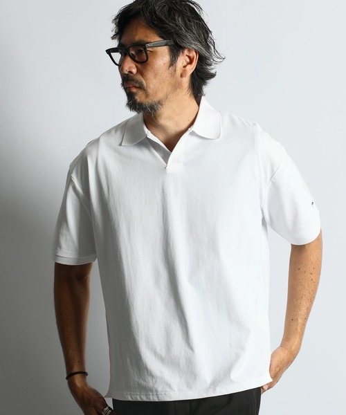 The DUFFER of ST.GEORGE（ザダファーオブセントジョージ）の「「AIR FLEX」MOSS STITCH SKIPPER POLO：高収縮機能素材「エアフレックス」鹿の子編み スキッパーポロシャツ（ポロシャツ・メンズ・ネイビー/ライトグレー/ホワイト・X-LARGE/LARGE/MEDIUM）」の4枚目の写真