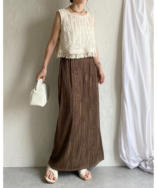 She's Closet（シーズクローゼット）の「ウェーブプリーツIラインバックスリットハイウエストロングプリーツスカート（スカート・レディース・ブラウン/オフホワイト/ブラック・FREE）」の15枚目の写真