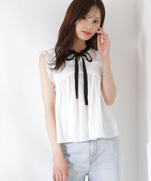 PROPORTION BODY DRESSING(プロポーションボディドレッシング)の「レースドッキングボウタイブラウス / 1215210612(シャツ/ブラウス・レディース・ブラック/ブルー/ホワイト・FREE)」の1枚目の写真