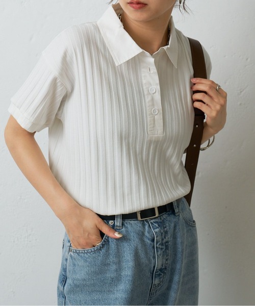 COLONY 2139（コロニートゥーワンスリーナイン）の「布帛ポロ衿リブトップス（ポロシャツ・レディース・ブラック/ホワイト/ブラウン/ピンク・FREE）」の2枚目の写真