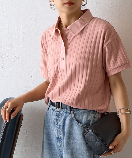 COLONY 2139（コロニートゥーワンスリーナイン）の「布帛ポロ衿リブトップス（ポロシャツ・レディース・ブラック/ホワイト/ブラウン/ピンク・FREE）」の4枚目の写真