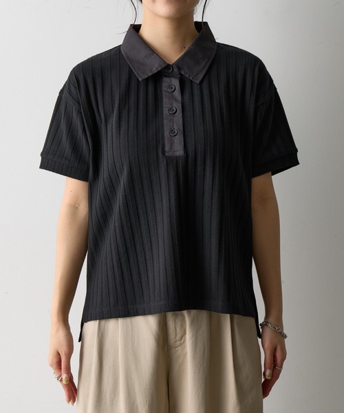 COLONY 2139（コロニートゥーワンスリーナイン）の「布帛ポロ衿リブトップス（ポロシャツ・レディース・ブラック/ホワイト/ブラウン/ピンク・FREE）」の13枚目の写真