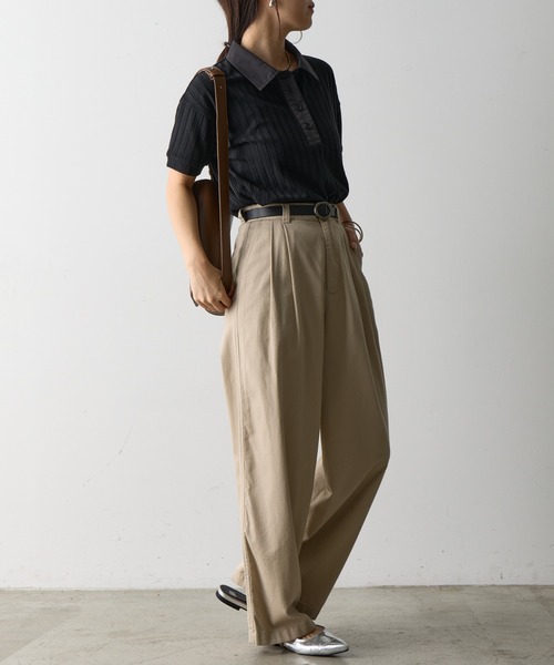 COLONY 2139（コロニートゥーワンスリーナイン）の「布帛ポロ衿リブトップス（ポロシャツ・レディース・ブラック/ホワイト/ブラウン/ピンク・FREE）」の10枚目の写真