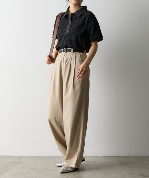 COLONY 2139（コロニートゥーワンスリーナイン）の「布帛ポロ衿リブトップス（ポロシャツ・レディース・ブラック/ホワイト/ブラウン/ピンク・FREE）」の12枚目の写真