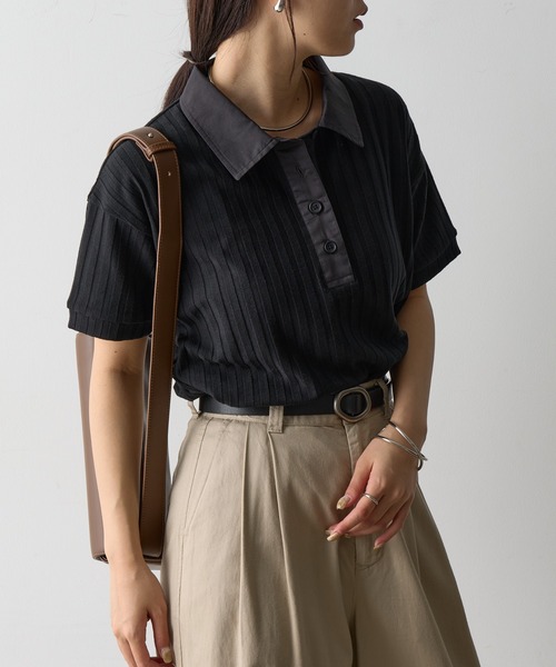 COLONY 2139（コロニートゥーワンスリーナイン）の「布帛ポロ衿リブトップス（ポロシャツ・レディース・ブラック/ホワイト/ブラウン/ピンク・FREE）」の7枚目の写真