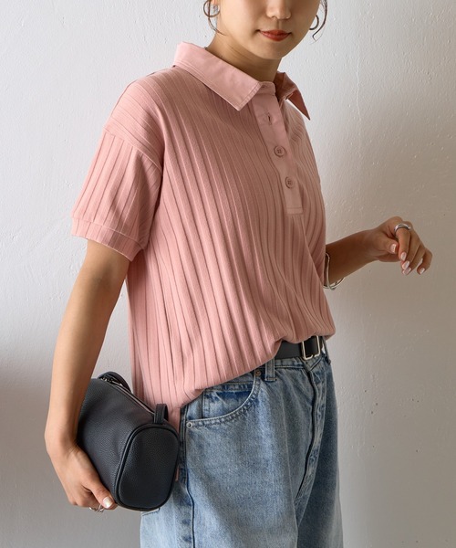 COLONY 2139（コロニートゥーワンスリーナイン）の「布帛ポロ衿リブトップス（ポロシャツ・レディース・ブラック/ホワイト/ブラウン/ピンク・FREE）」の22枚目の写真