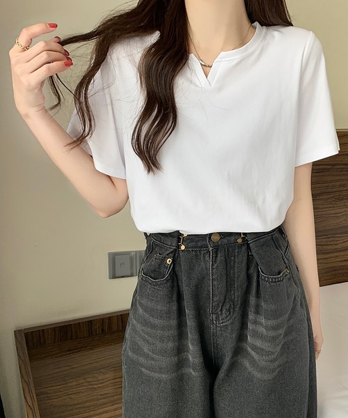 【大きいサイズ】 9号・15号・19号 FONTLAB ミルドカルゼキーネックシャツ セール】キーネックTシャツ（Tシャツ/カットソー）｜Girly Doll