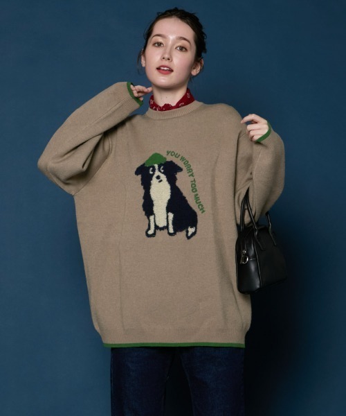 KRIFF MAYER Lady's Collection（クリフメイヤーレディースコレクション）の「【ストレッチ･チクチクしない】もちのびニット(犬派!?猫派!?)（ニット/セーター・レディース・ベージュ/チャコール/ネイビー/イエロー/レッド/ナチュラル・LARGE/MEDIUM）」の3枚目の写真