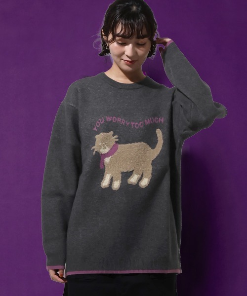 ストレッチ・チクチクしない】もちのびニット(犬派!?猫派!?)（ニット