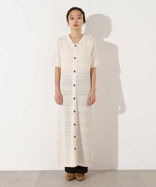 N.(N. Natural Beauty Basic)(エヌエヌナチュラルビューティーベーシック)の「透かし編みポロニットワンピース(ワンピース・レディース・グリーン/オフホワイト/ネイビー・MEDIUM)」の8枚目の写真