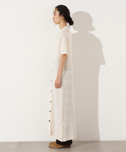 N.(N. Natural Beauty Basic)(エヌエヌナチュラルビューティーベーシック)の「透かし編みポロニットワンピース(ワンピース・レディース・グリーン/オフホワイト/ネイビー・MEDIUM)」の7枚目の写真