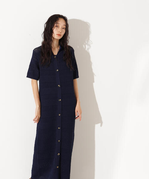N.(N. Natural Beauty Basic)(エヌエヌナチュラルビューティーベーシック)の「透かし編みポロニットワンピース(ワンピース・レディース・グリーン/オフホワイト/ネイビー・MEDIUM)」の3枚目の写真