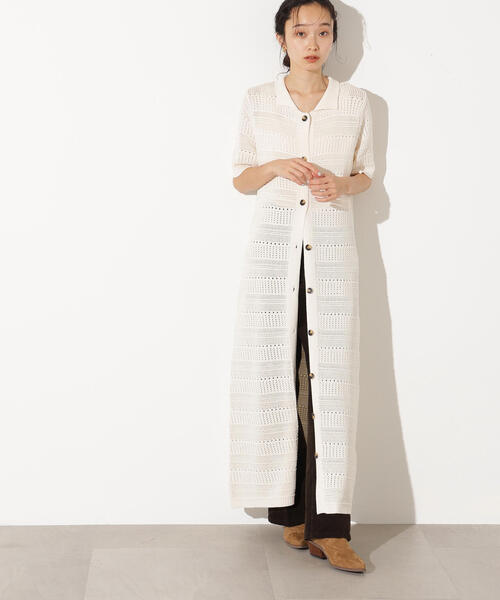 N.(N. Natural Beauty Basic)(エヌエヌナチュラルビューティーベーシック)の「透かし編みポロニットワンピース(ワンピース・レディース・グリーン/オフホワイト/ネイビー・MEDIUM)」の2枚目の写真