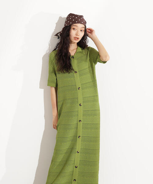 N.(N. Natural Beauty Basic)(エヌエヌナチュラルビューティーベーシック)の「透かし編みポロニットワンピース(ワンピース・レディース・グリーン/オフホワイト/ネイビー・MEDIUM)」の1枚目の写真