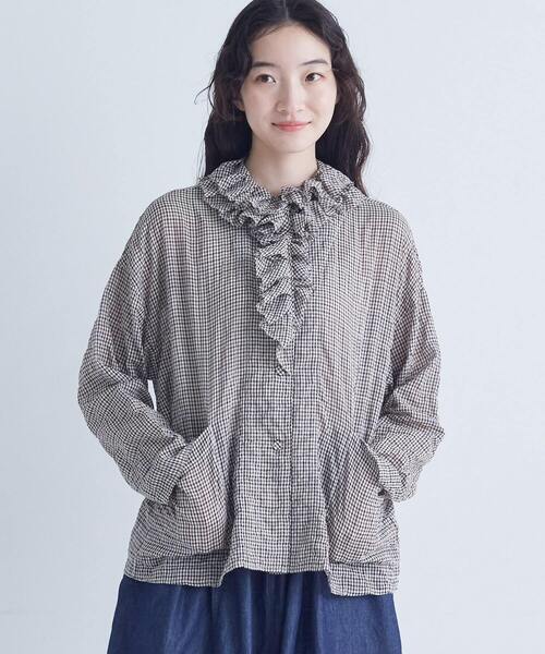 conges payes ADIEU TRISTESSE(コンジェ ペイエ アデュートリステス)の「シャーリングフリルシャツジャケット(シャツ/ブラウス・レディース・ブラウン/チェック・38)」の8枚目の写真