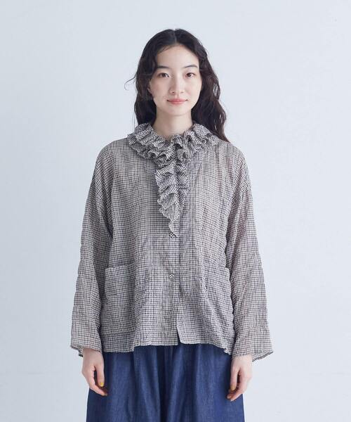 conges payes ADIEU TRISTESSE(コンジェ ペイエ アデュートリステス)の「シャーリングフリルシャツジャケット(シャツ/ブラウス・レディース・ブラウン/チェック・38)」の9枚目の写真