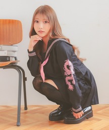 Tika | コスプレ 制服 セーラー服 かわいい ドラゴン刺繍 体型カバー 長袖 プリーツ ミニ フレアスカート 4点セット(コスチューム/パーティーグッズ)