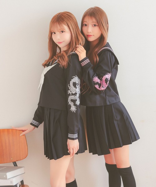 Tika（ティカ）の「コスプレ 制服 セーラー服 かわいい ドラゴン刺繍 体型カバー 長袖 プリーツ ミニ フレアスカート 4点セット（コスチューム/パーティーグッズ・レディース・ブラック×ホワイト/ブラック×ピンク・L/S）」の10枚目の写真