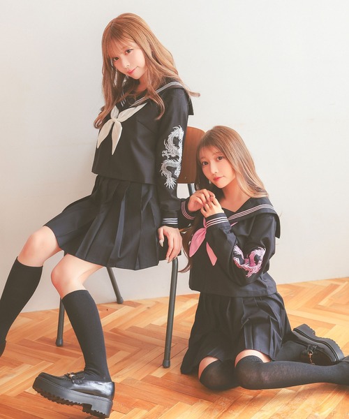 Tika（ティカ）の「コスプレ 制服 セーラー服 かわいい ドラゴン刺繍 体型カバー 長袖 プリーツ ミニ フレアスカート 4点セット（コスチューム/パーティーグッズ・レディース・ブラック×ホワイト/ブラック×ピンク・L/S）」の12枚目の写真