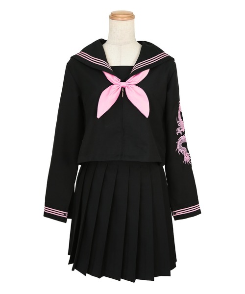 Tika（ティカ）の「コスプレ 制服 セーラー服 かわいい ドラゴン刺繍 体型カバー 長袖 プリーツ ミニ フレアスカート 4点セット（コスチューム/パーティーグッズ・レディース・ブラック×ホワイト/ブラック×ピンク・L/S）」の16枚目の写真